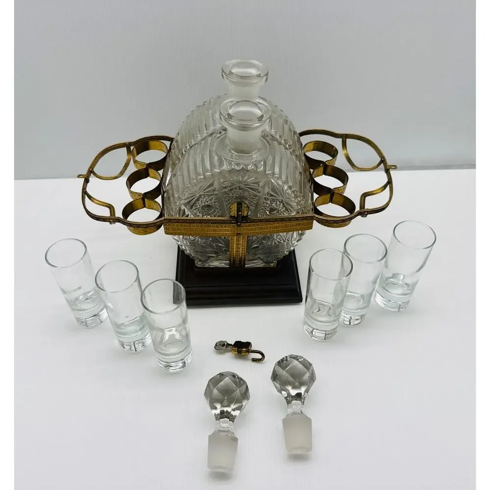 Vintage Cut Glass Decanter Set Brass Holder 6 Shot Glasses Wooden Base Barware